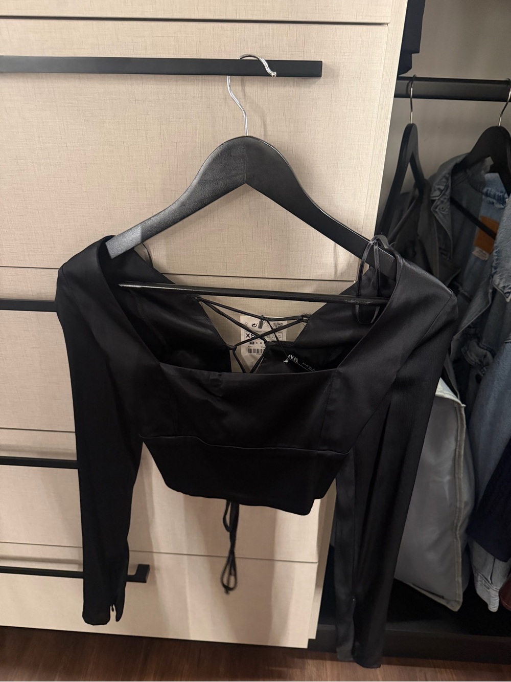 Zara Black Satin Long-Sleeve Crop Top with Lace-Up Back